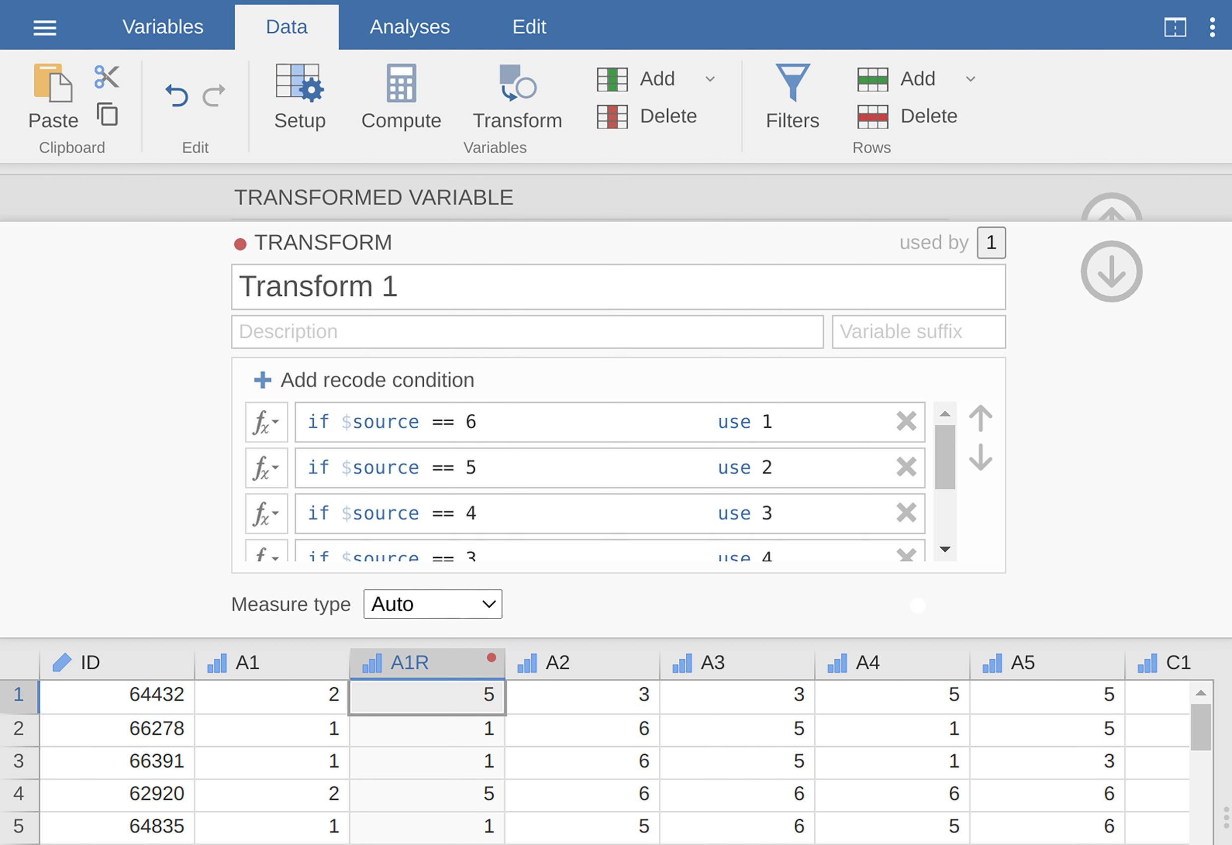 Recode variable using the Transform command in jamovi