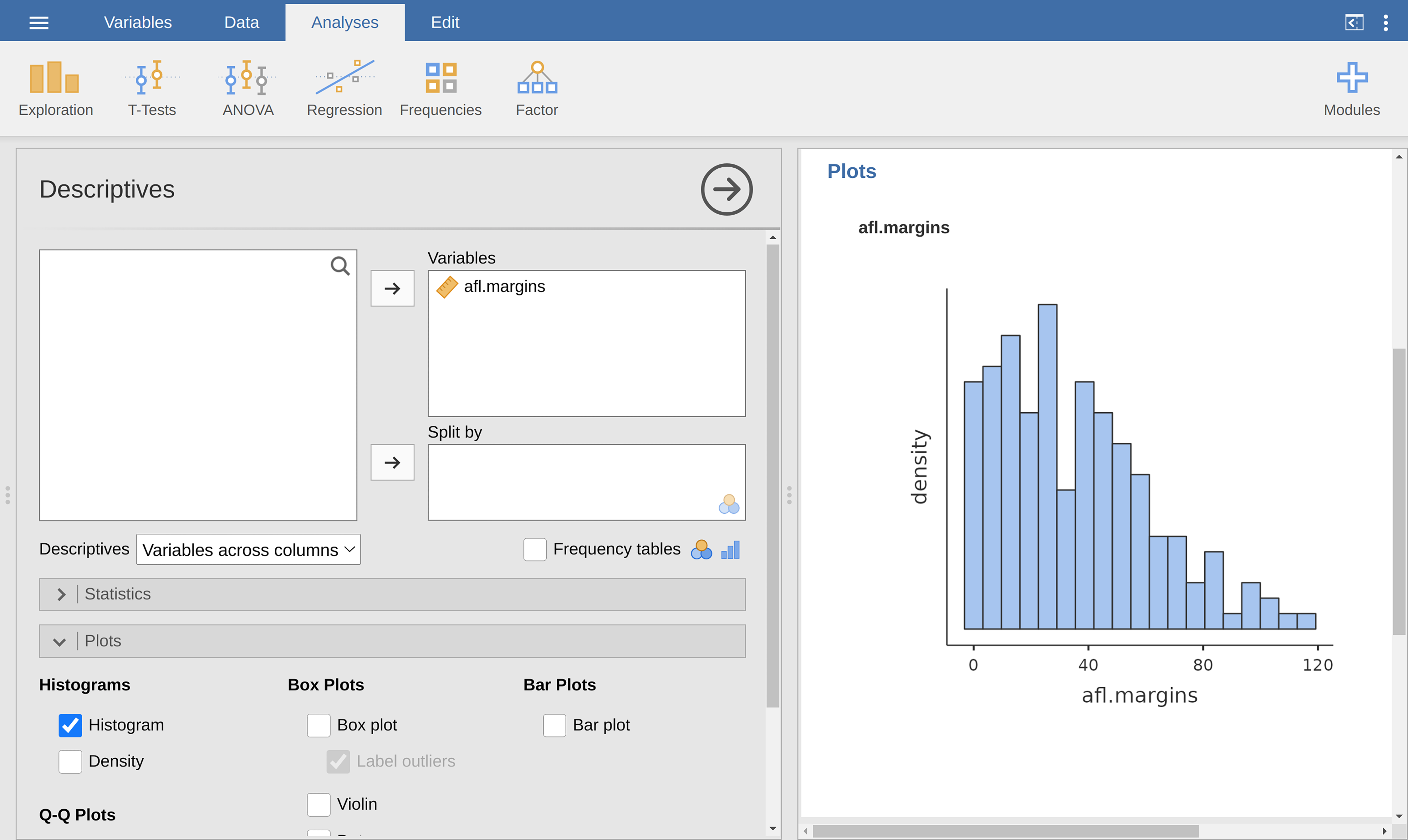 Histogram check box in jamovi and the resulting output