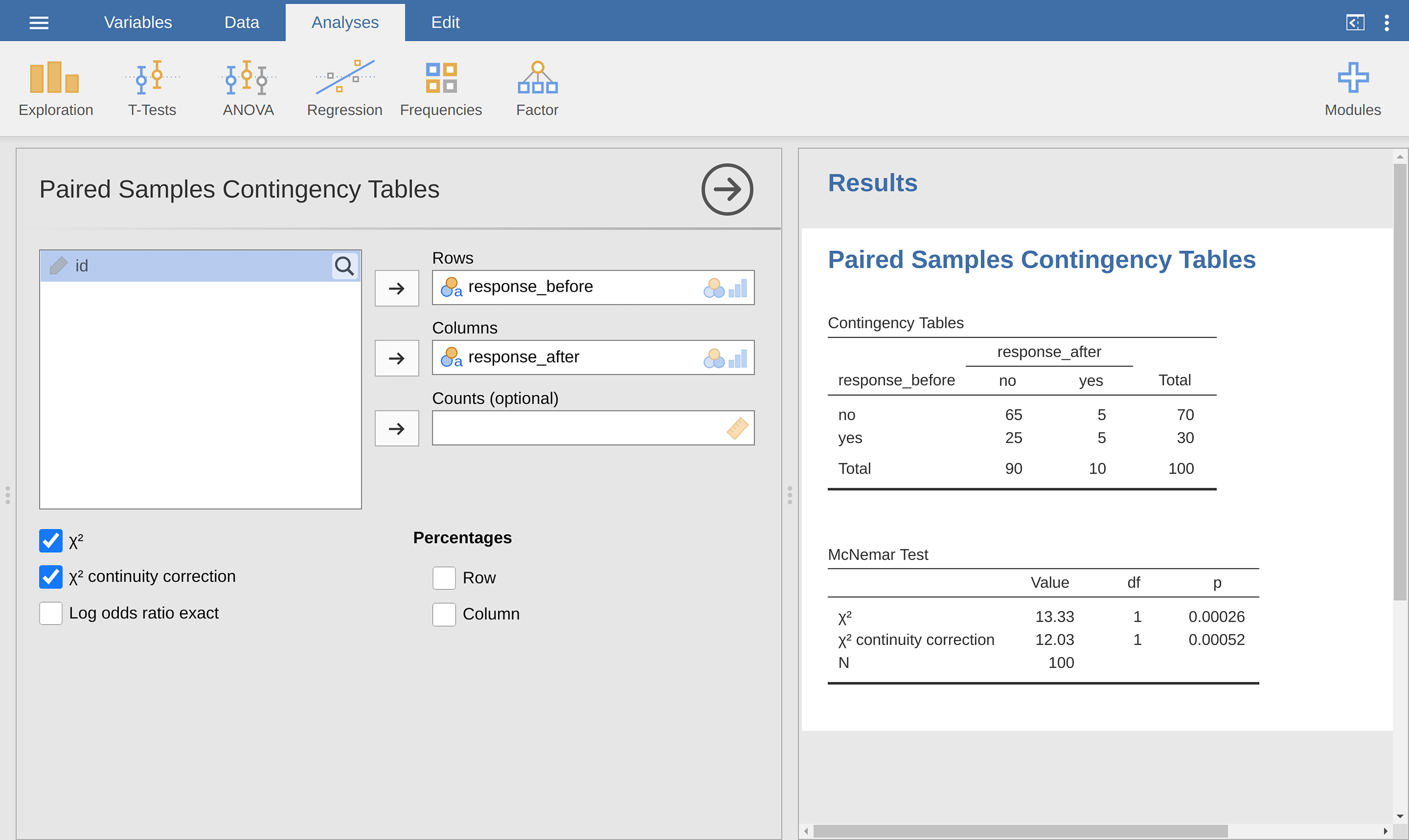 McNemar test output in jamovi