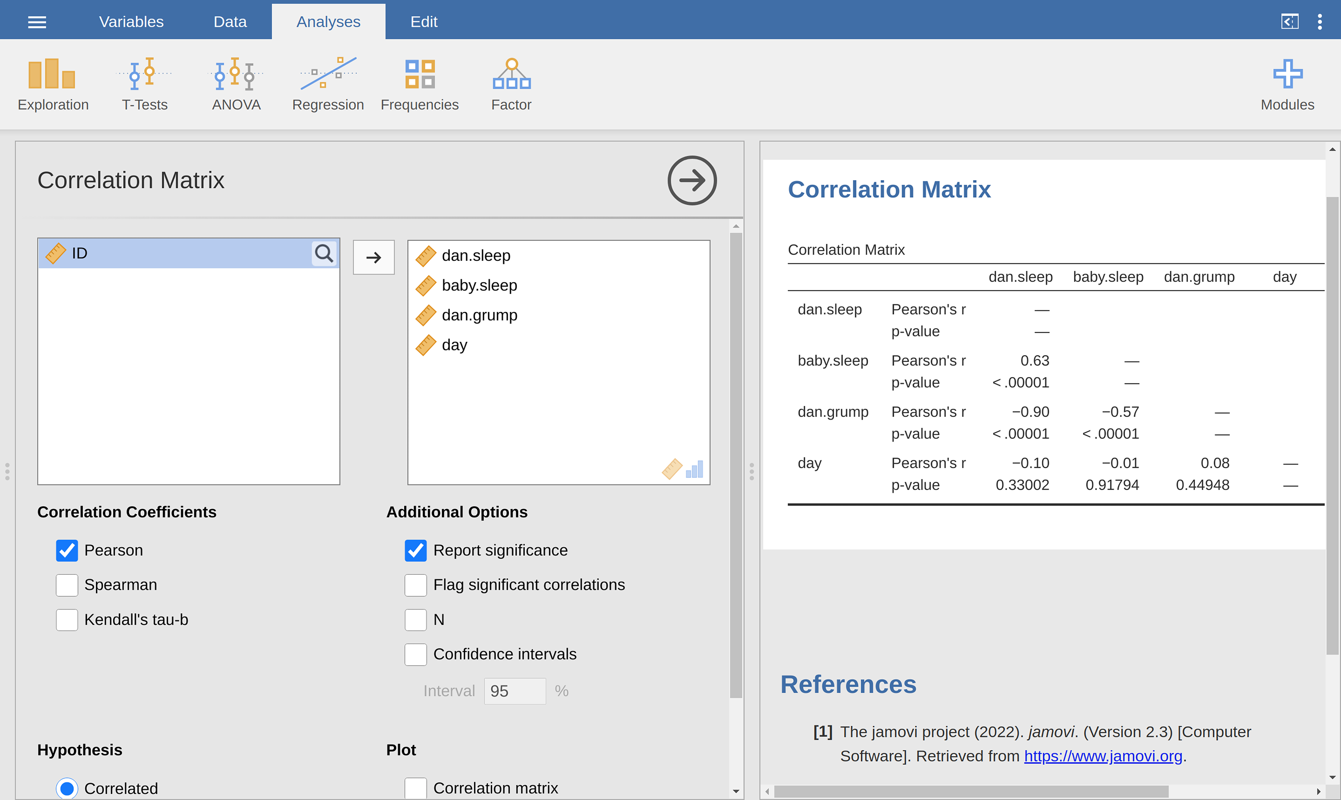 jamovi screenshot with correlations in the |parenthood|_ data set