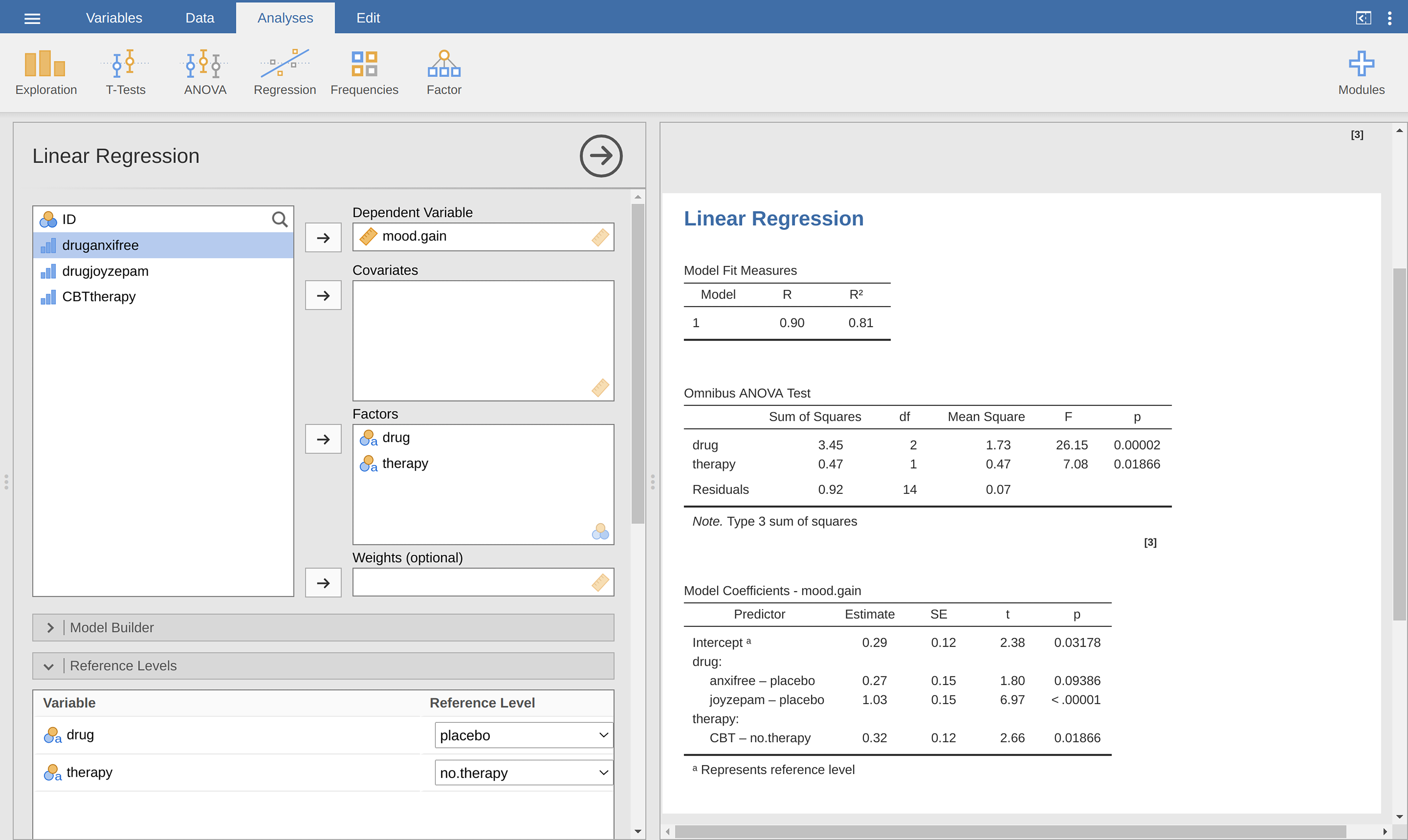 Regression analysis with factors and contrasts