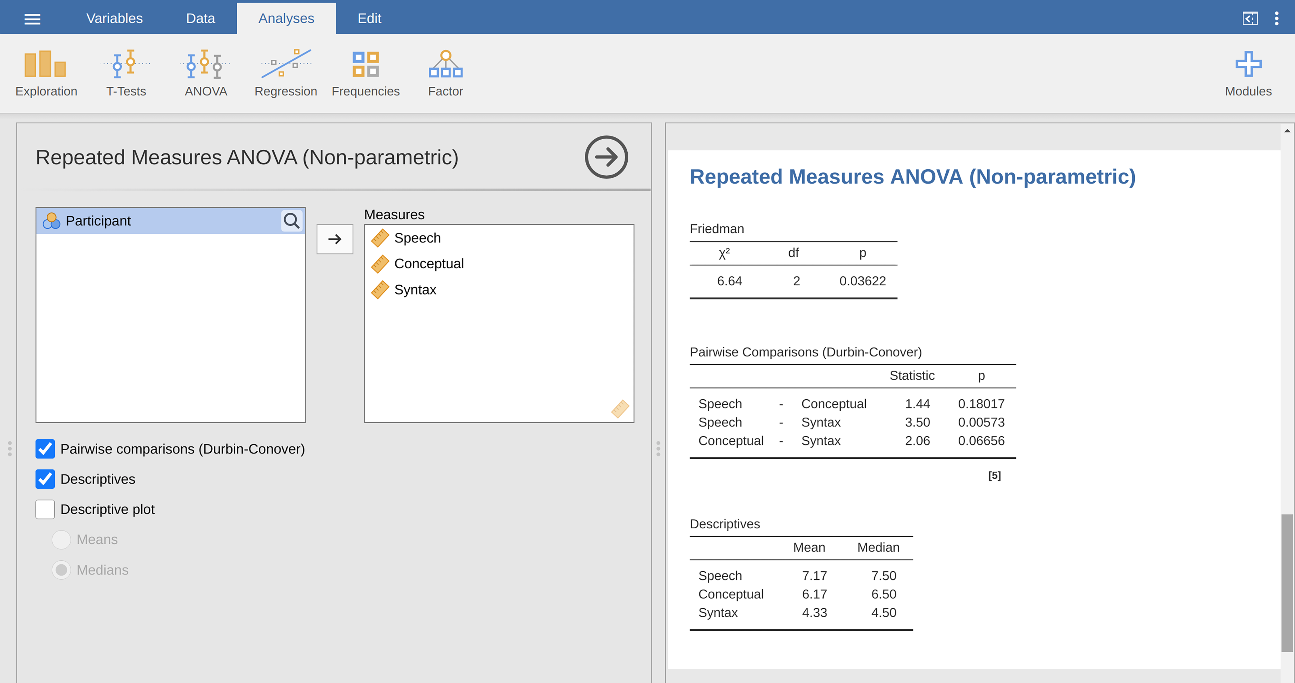 Dialogfeld mit den Analyseoptionen und die Ergebnisausgabe für die ``Repeated Measures ANOVA (Non-parametric)`` in jamovi