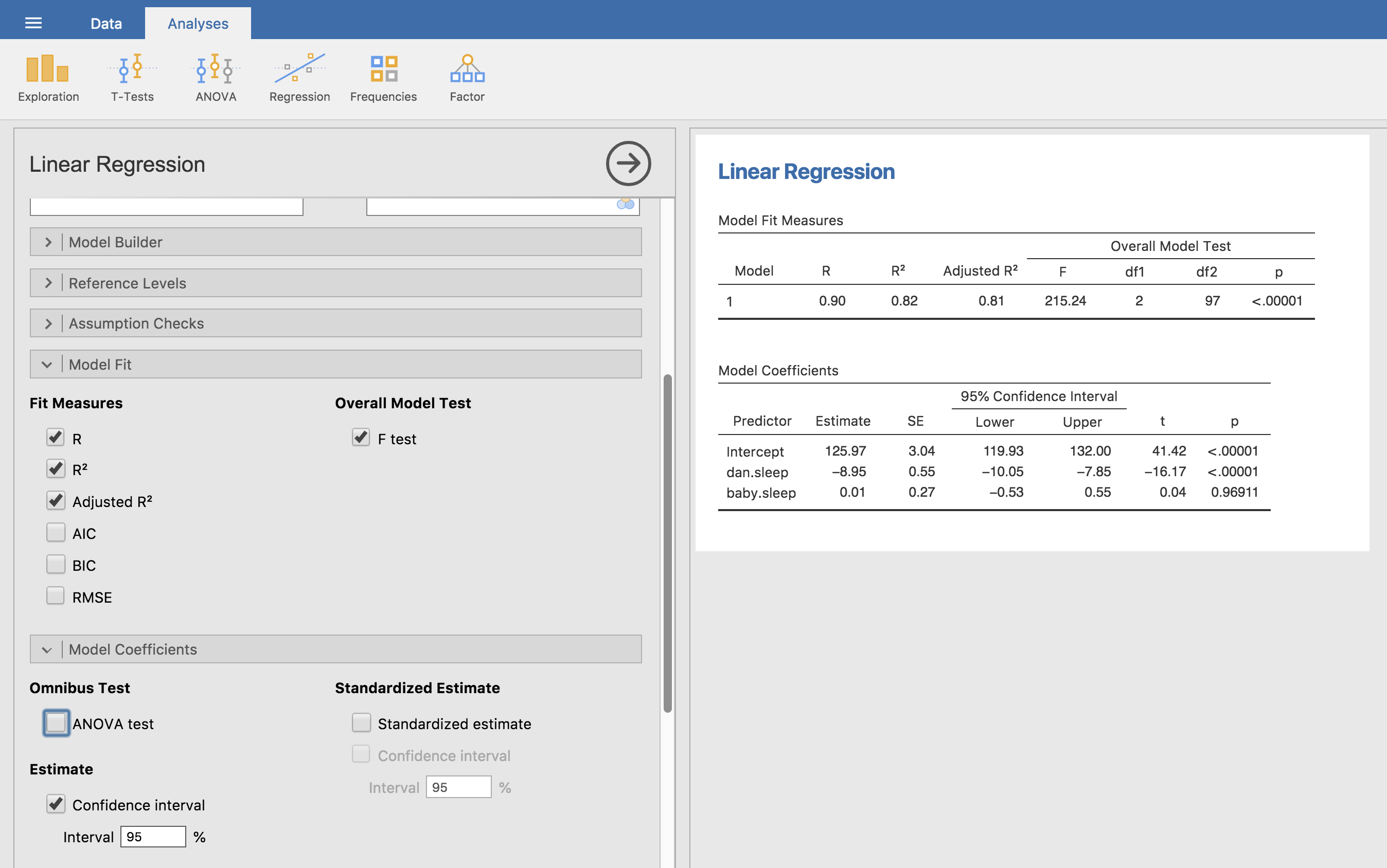 jamovi-Screenshot mit einer multiplen linearen Regressionsanalyse
