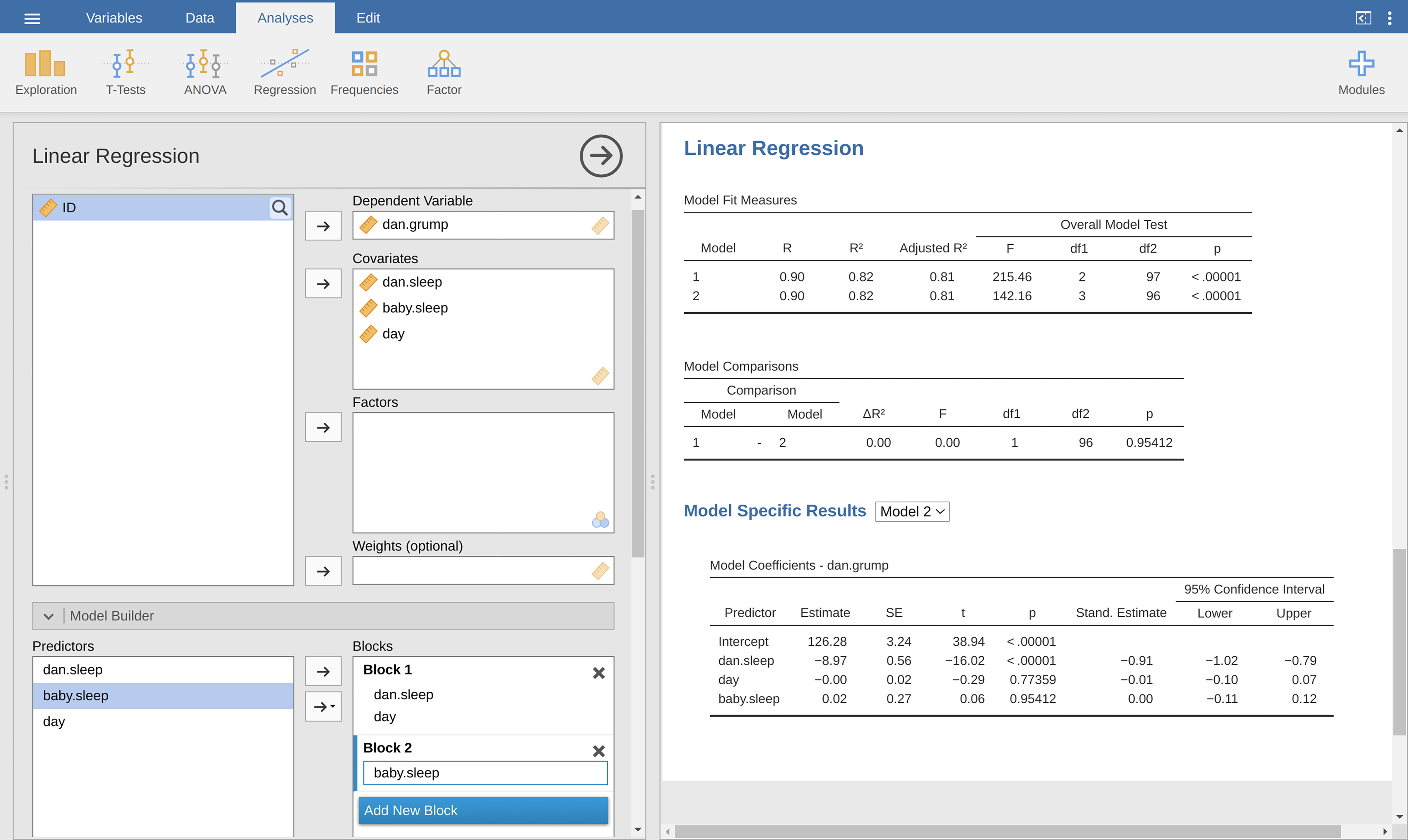 Model comparison in jamovi using the ``Model Builder`` option