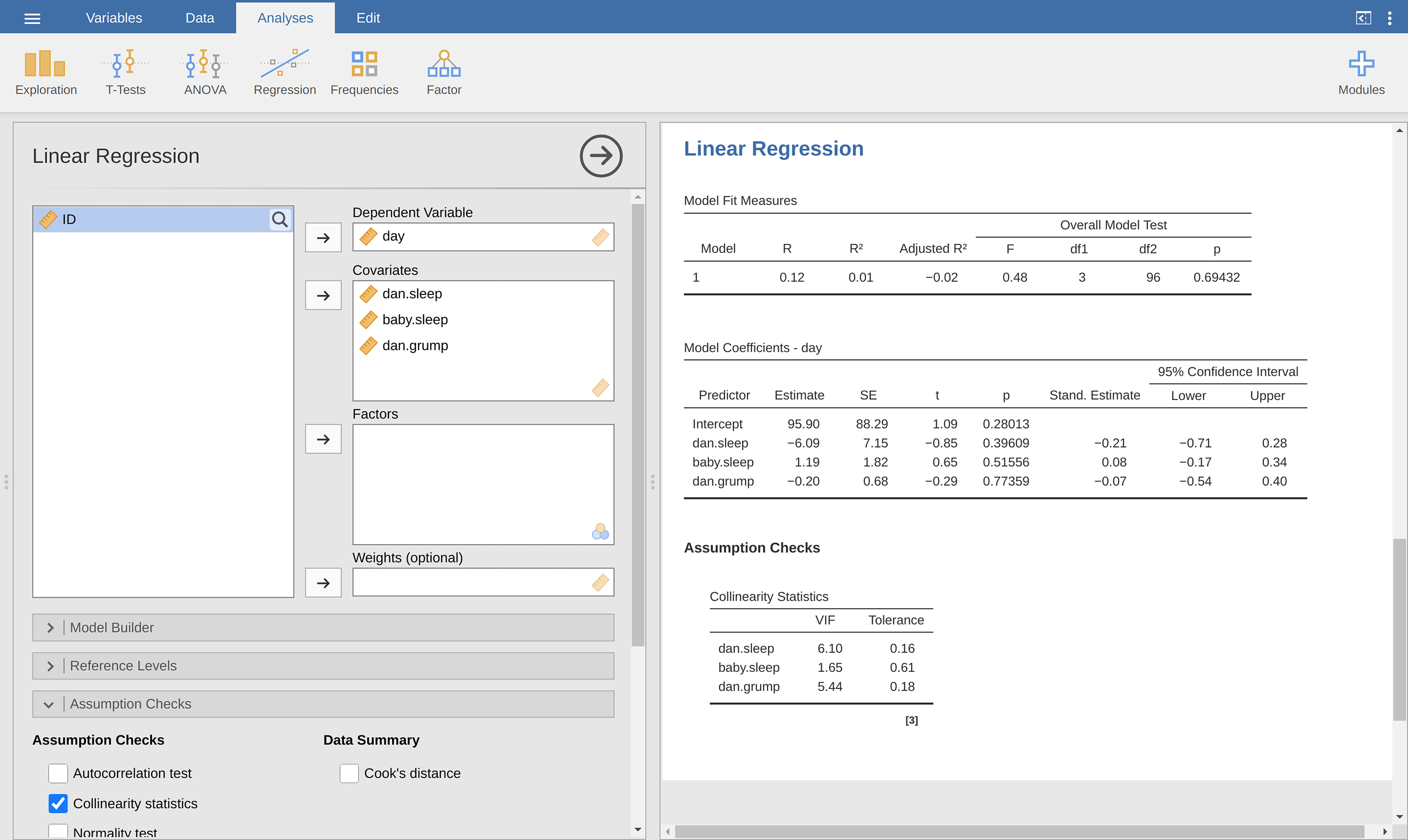 Collinearity statistics for multiple regression, produced in jamovi