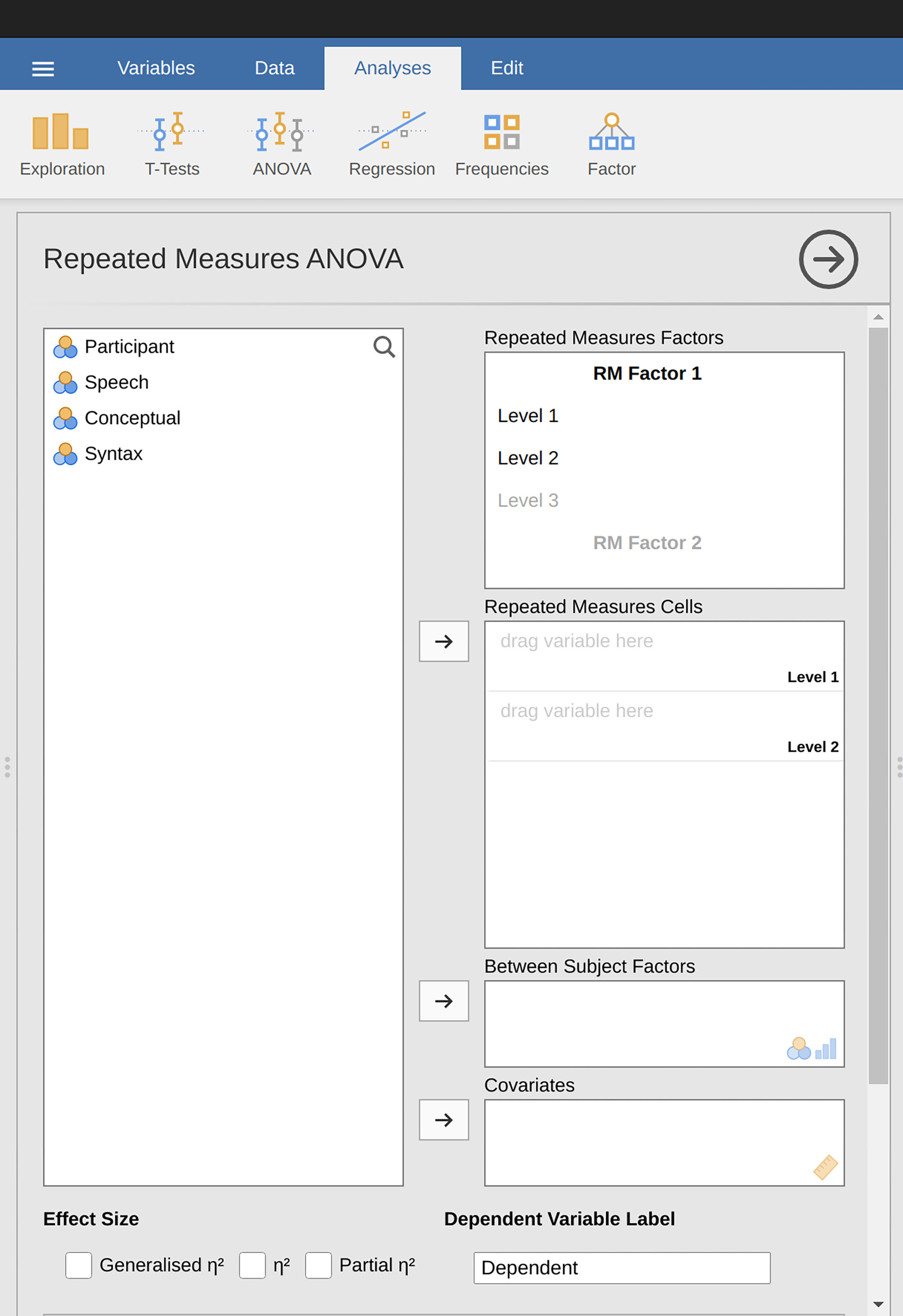 Repeated measures ANOVA dialogue box in jamovi