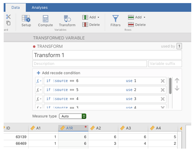 Recode variable using the Transform command in jamovi