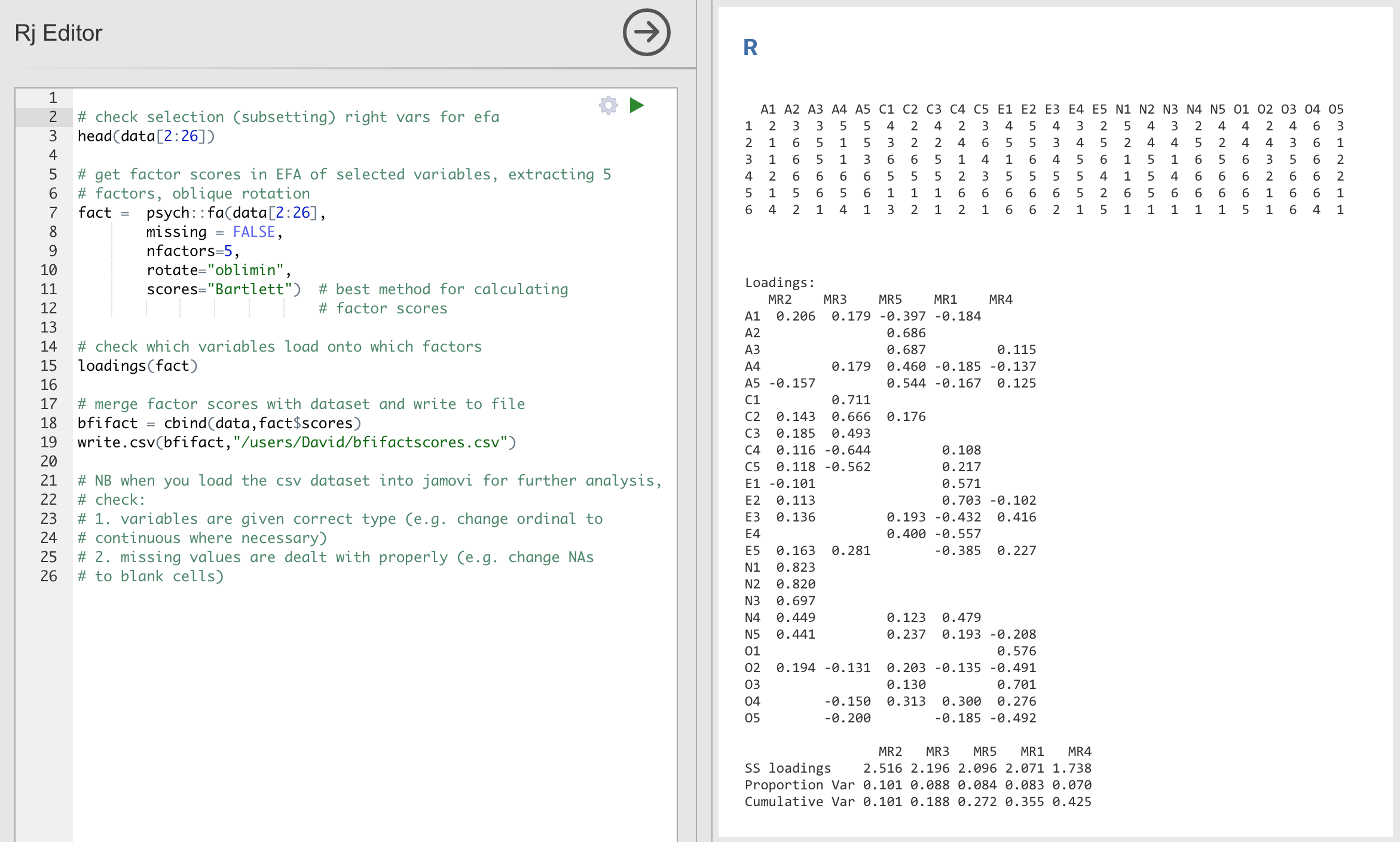|Rj|_ editor commands for creating optimally weighted factor scores