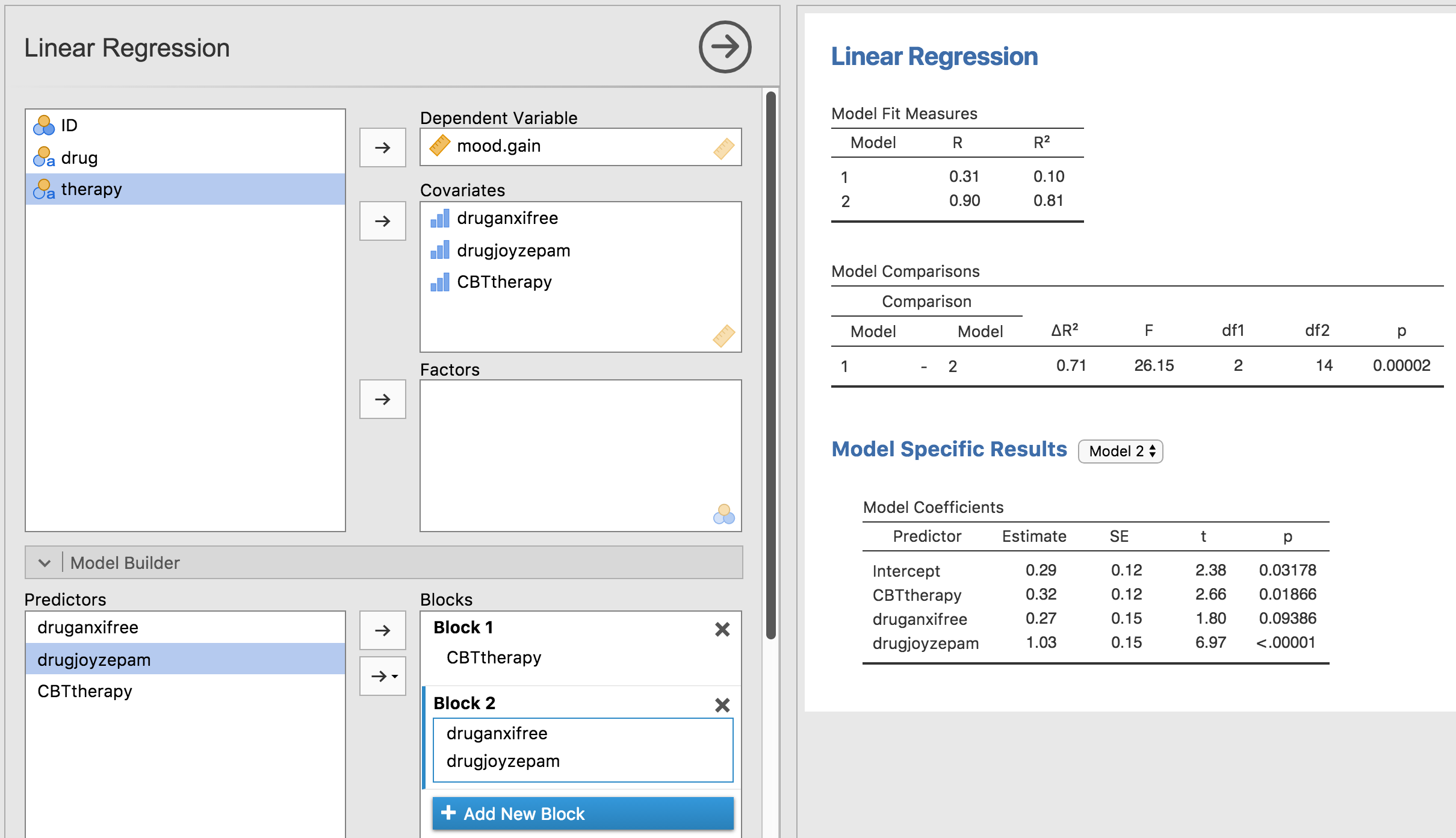 Model comparison: Null model 1 vs. contrasts model 2