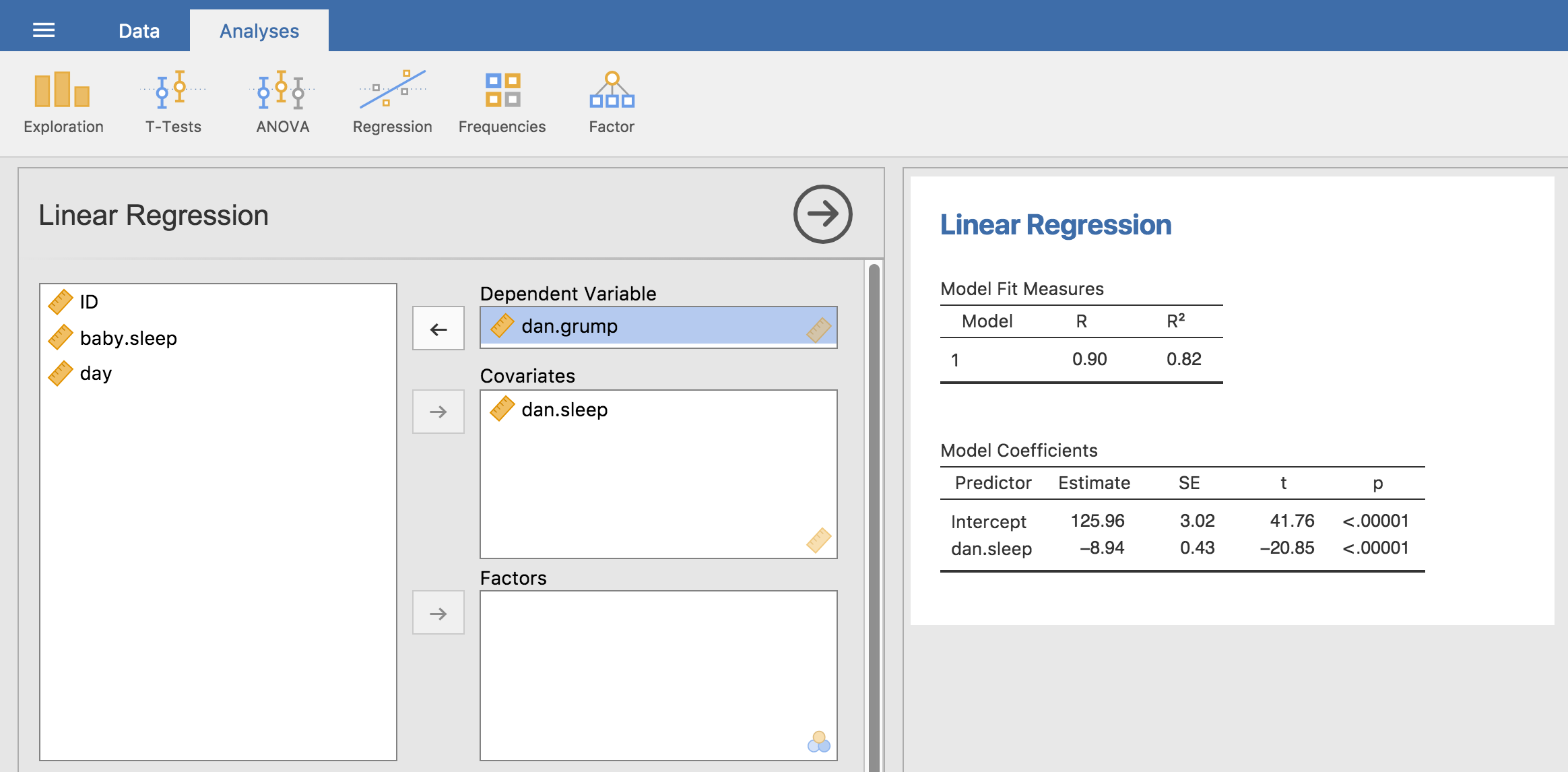 jamovi screenshot showing a simple linear regression analysis