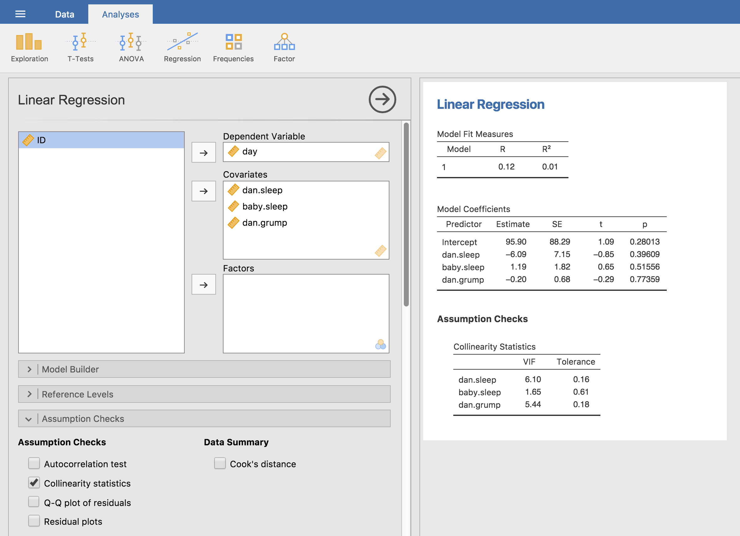 Collinearity statistics for multiple regression, produced in jamovi