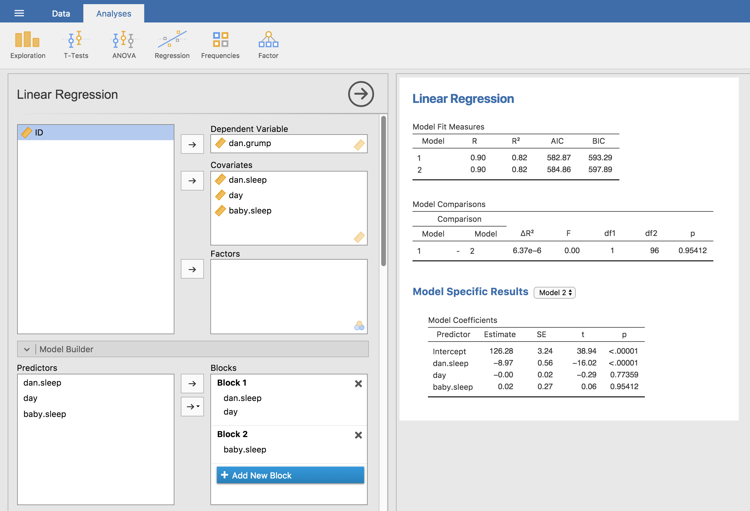 Model comparison in jamovi using the ``Model Builder`` option
