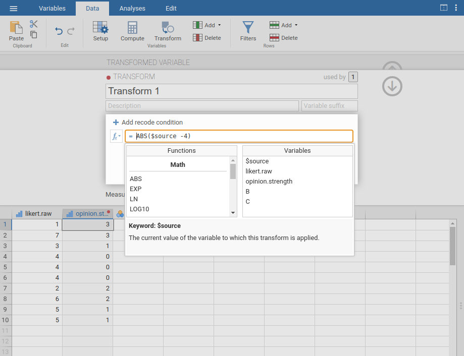 Specifying a transformation in jamovi