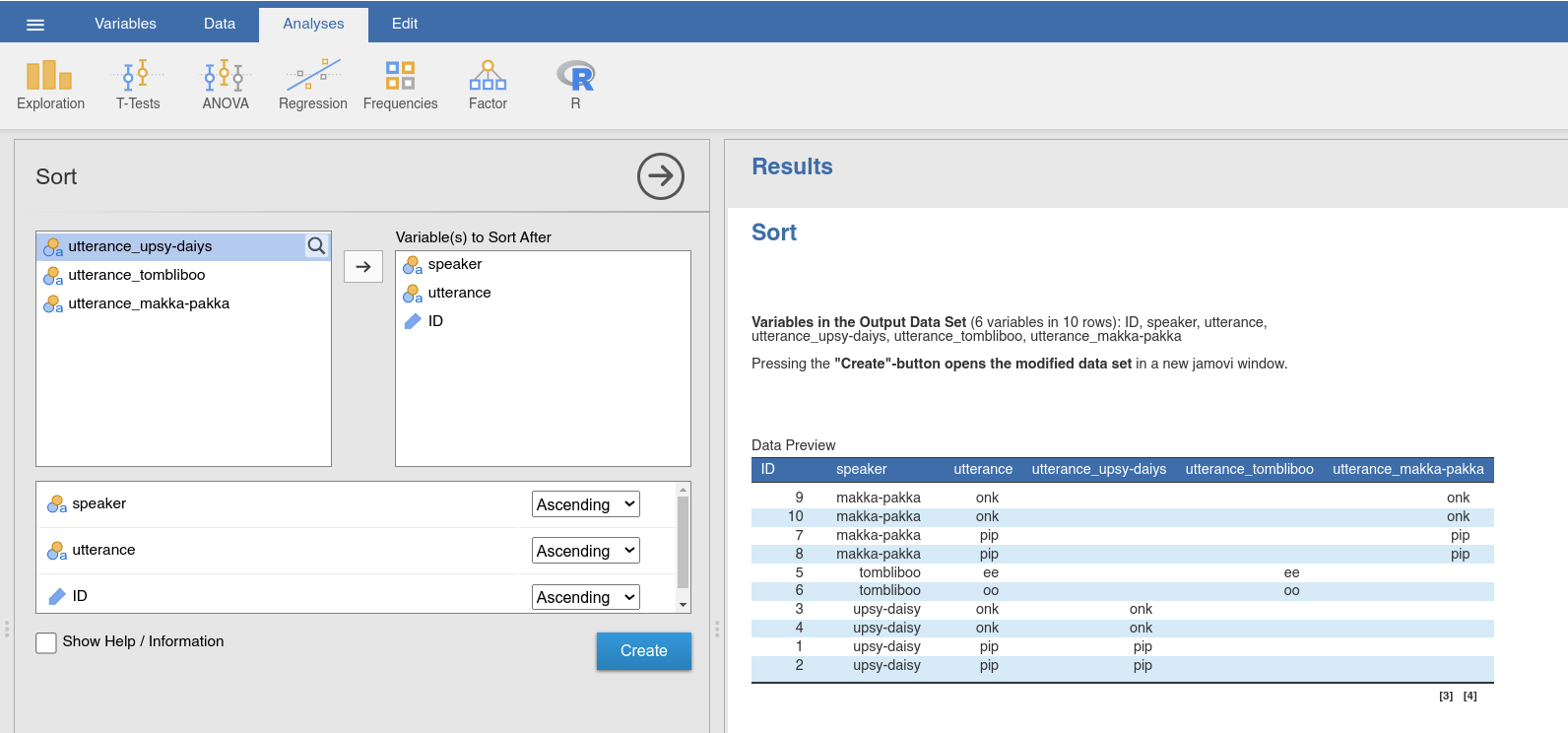 Option and results panels for the ``Sort``-function from ``jTransform`` using the |nightgarden|_ data set