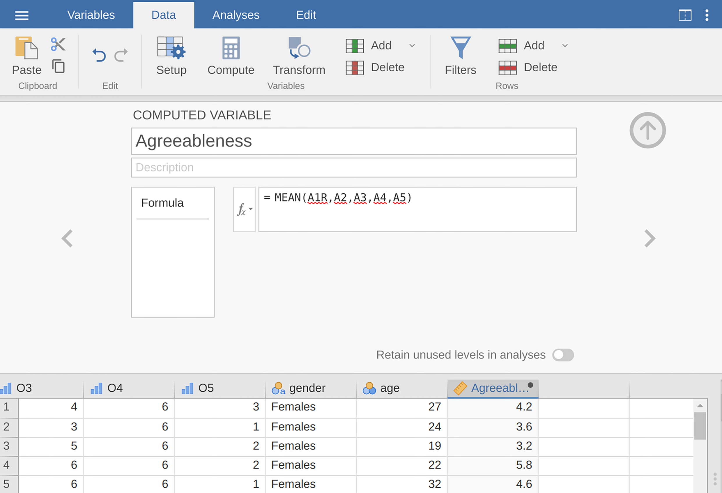 Compute new scale score variable in jamovi