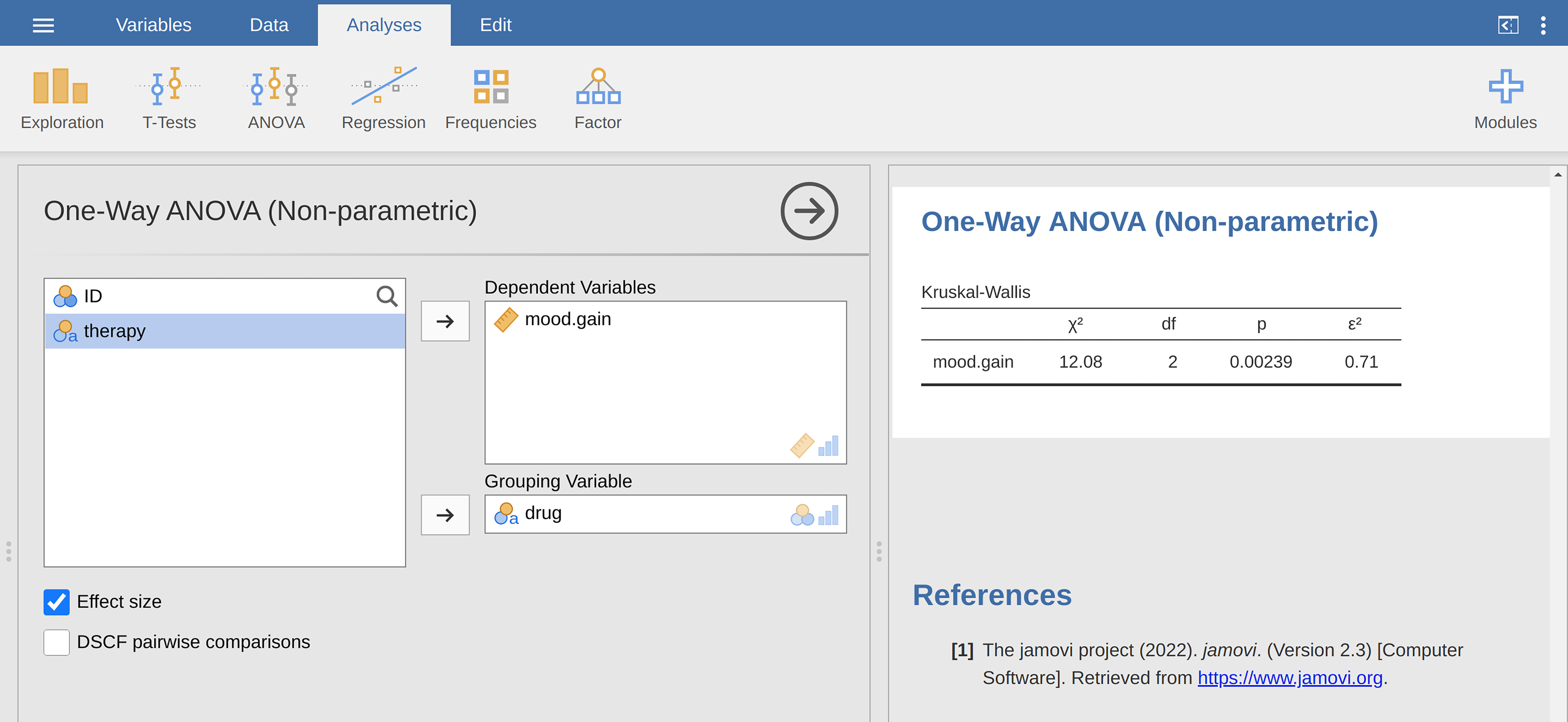 non-parametric ``One-Way ANOVA (Kruskal-Wallis)`` in jamovi