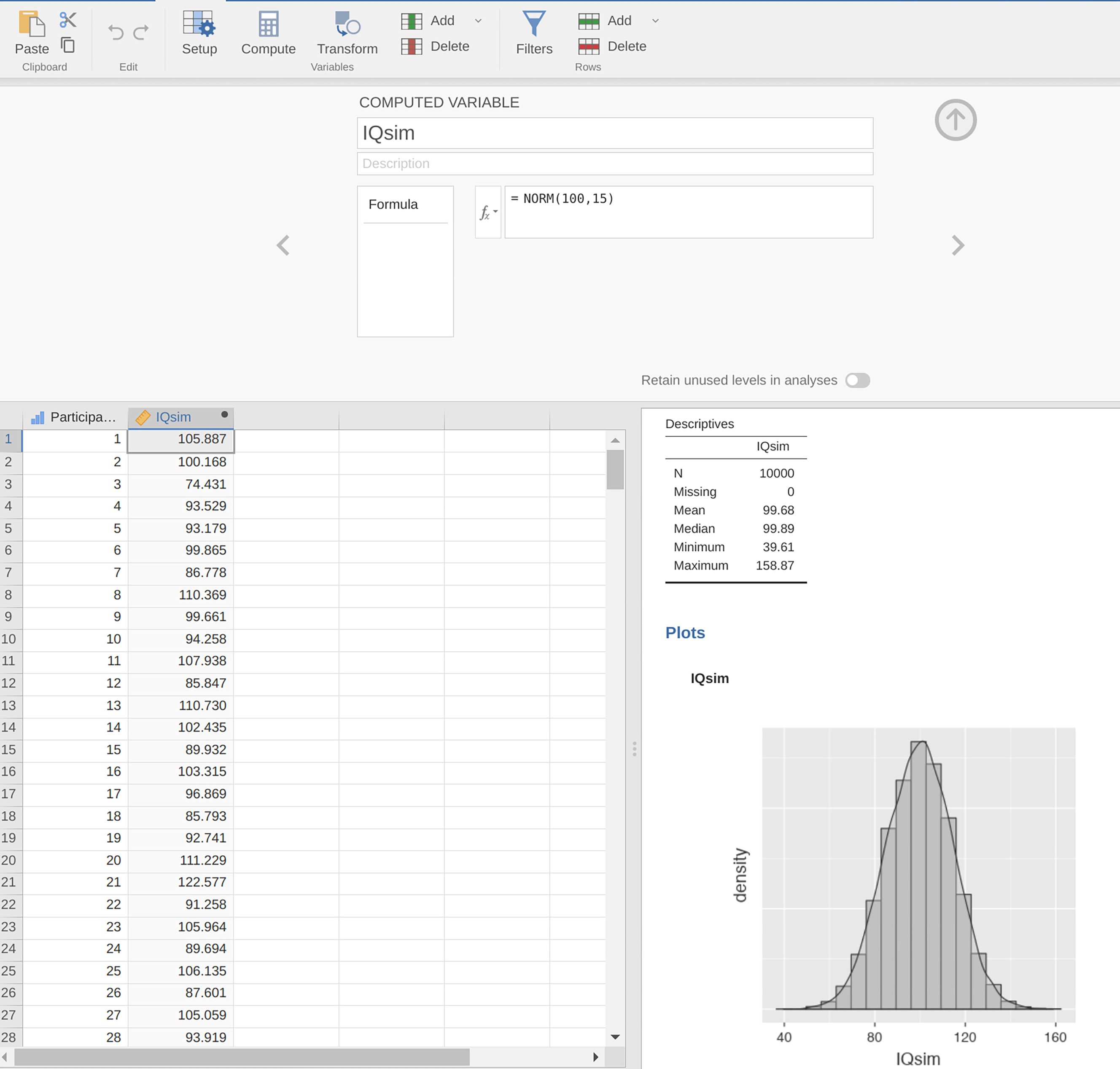 Random sample drawn from a normal distribution using jamovi