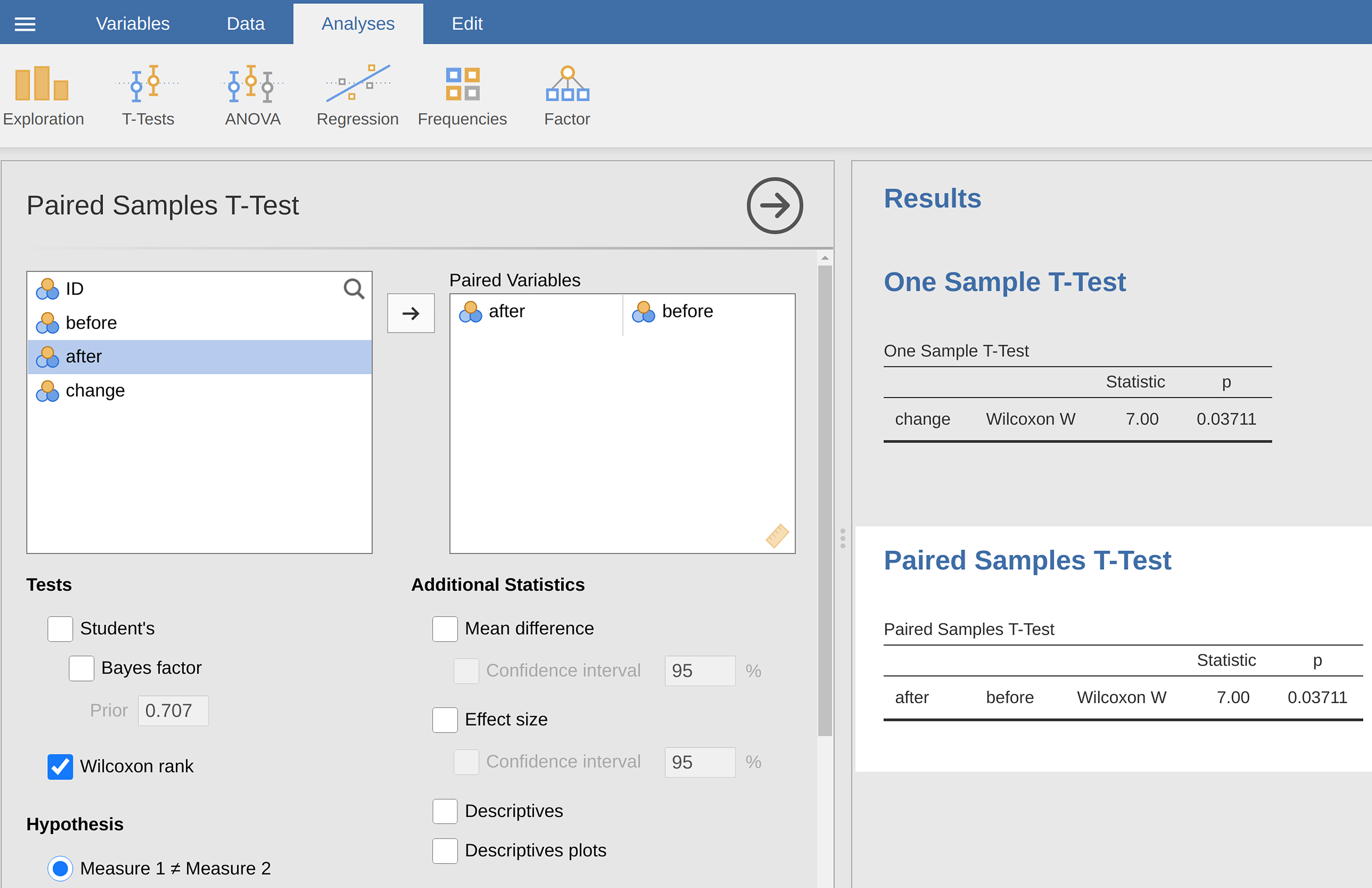 jamovi screen with the one sample and paired sample Wilcoxon tests
