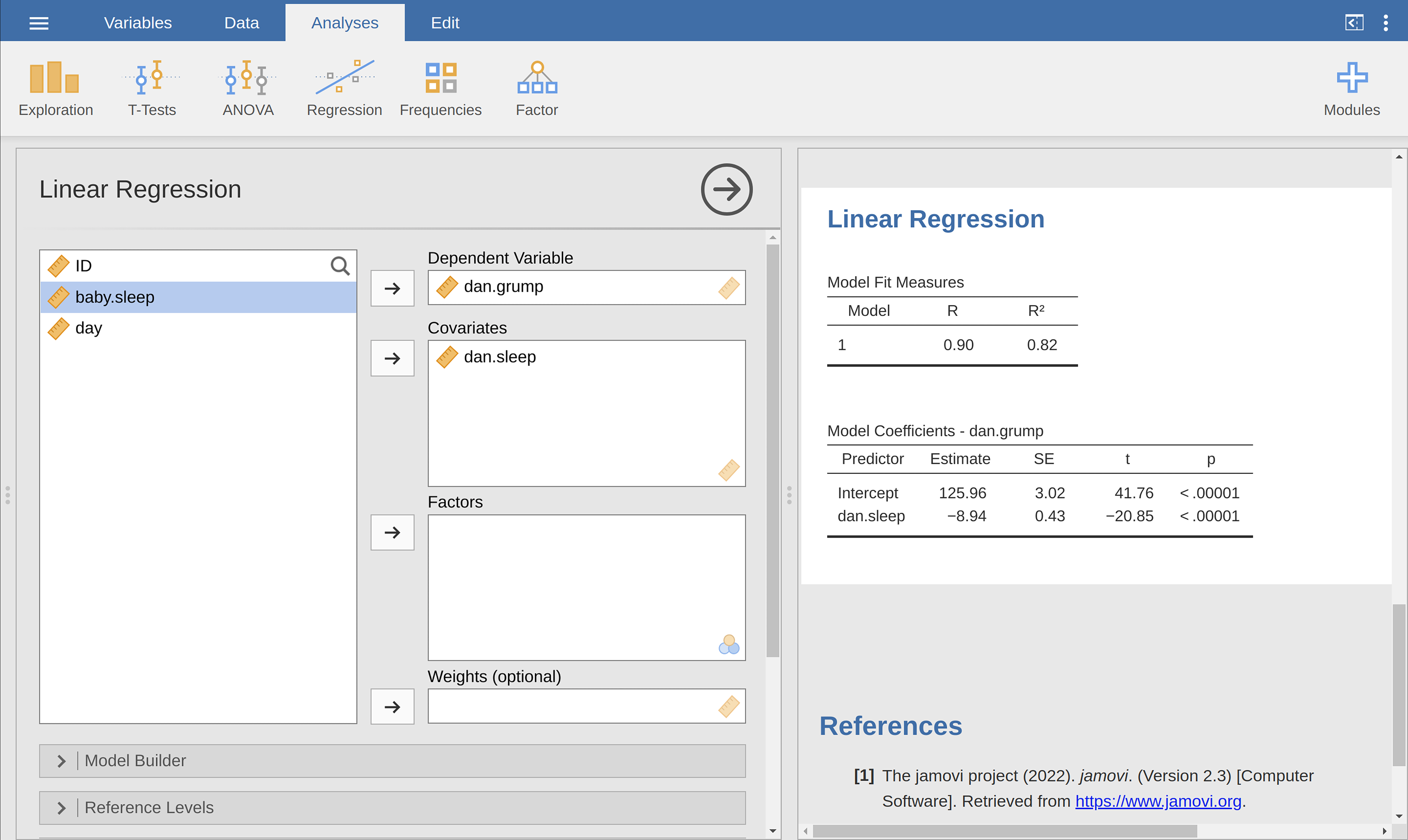 jamovi screenshot showing a simple linear regression analysis
