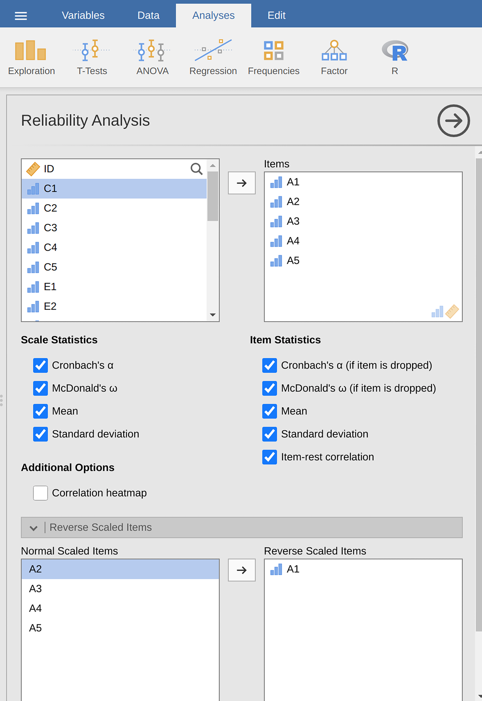 Settings for conducting a Reliability Analysis
