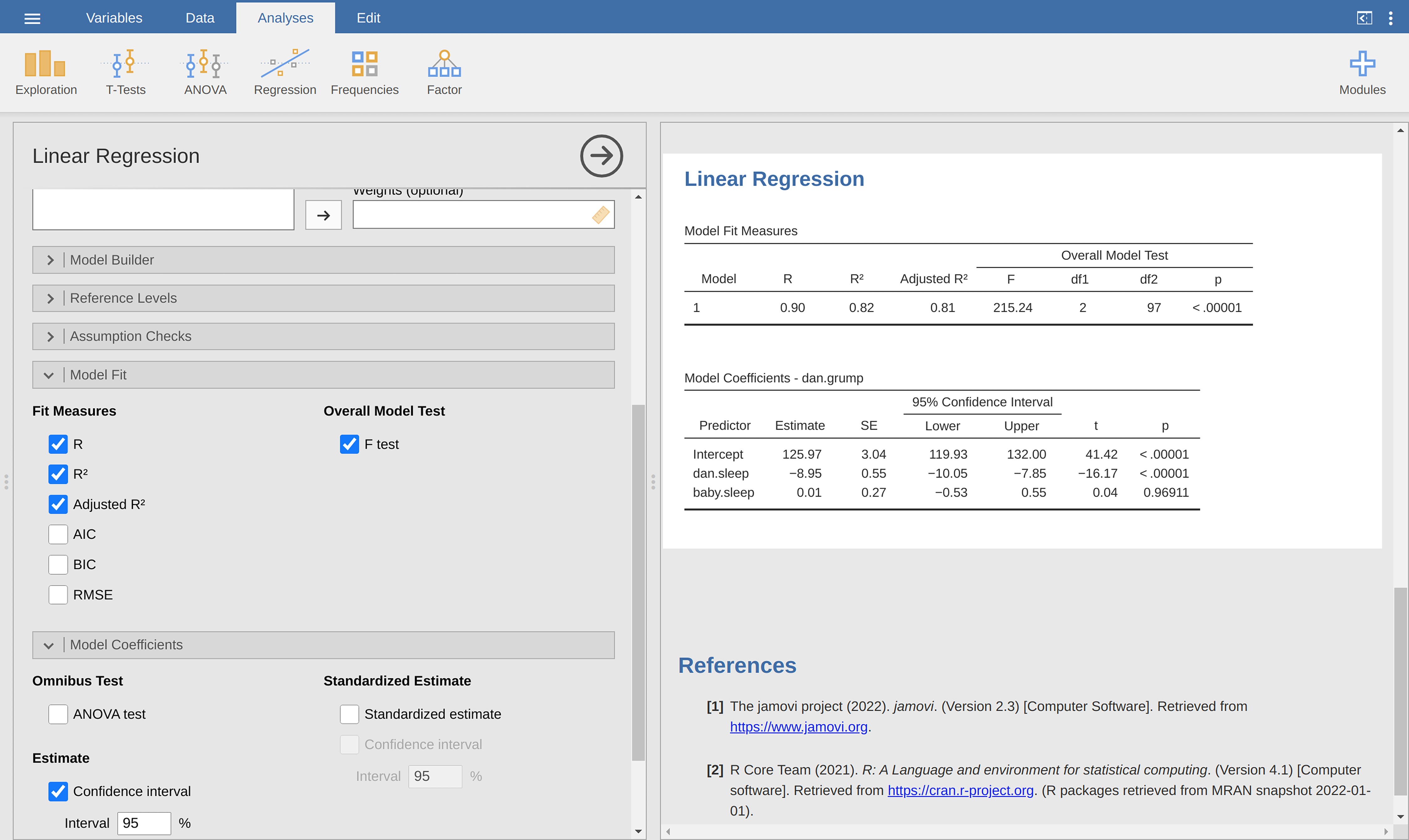 jamovi screenshot showing a multiple linear regression