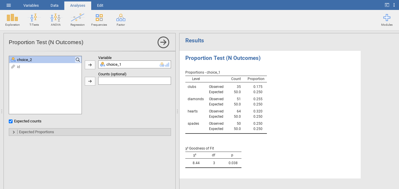χ² One Sample Proportion Test in jamovi