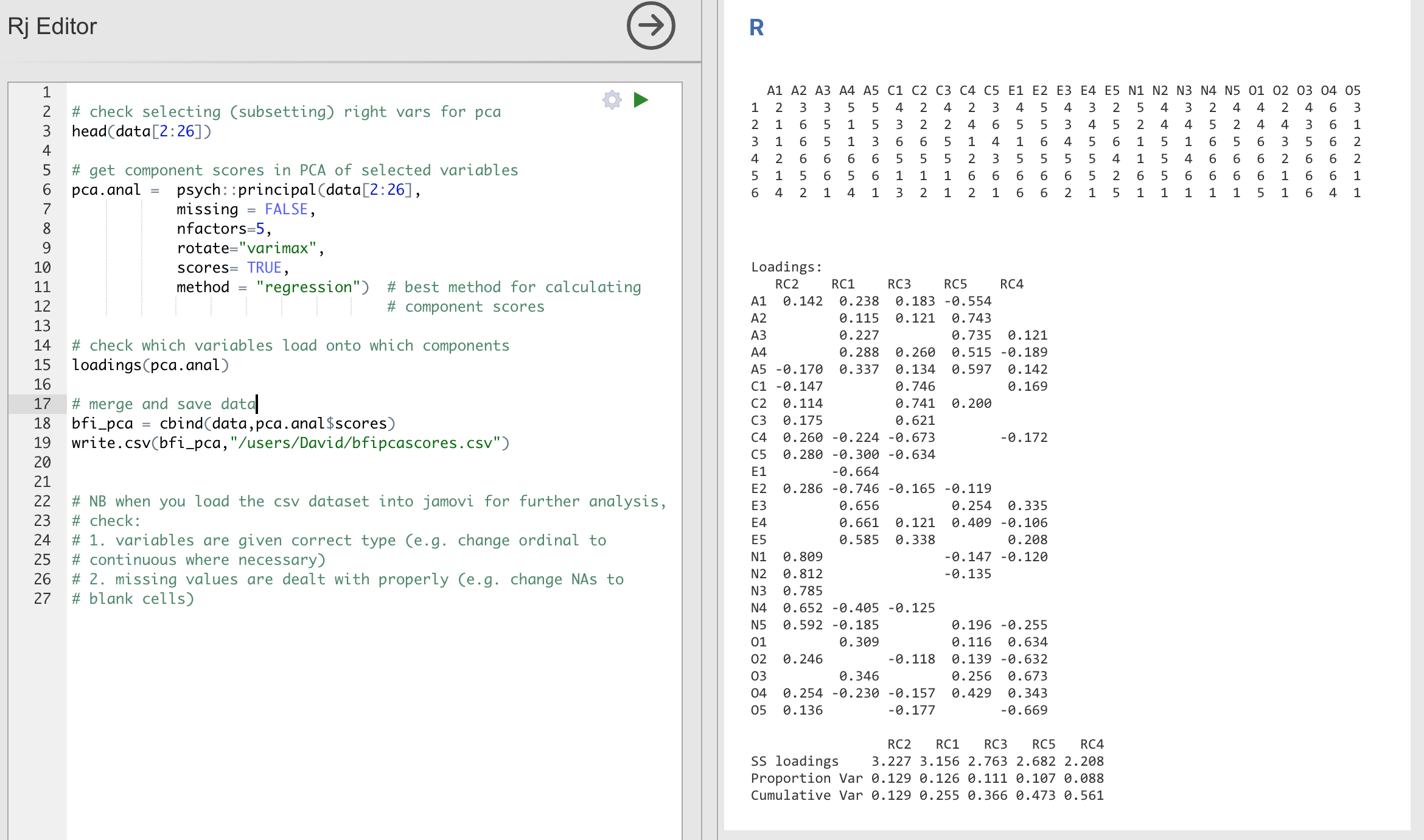 |Rj| editor commands for creating optimally weighted component scores