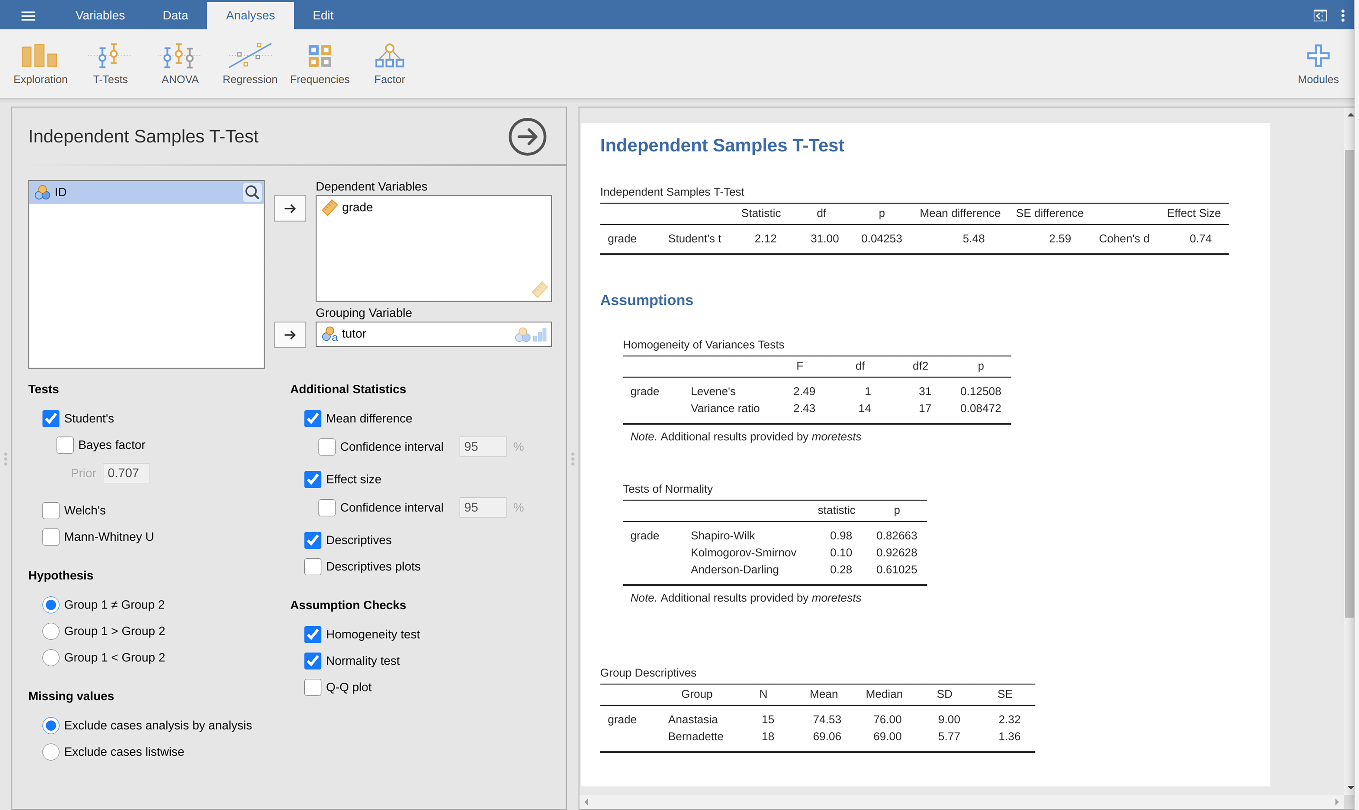 Conducting an Independent Samples *t*-test in jamovi