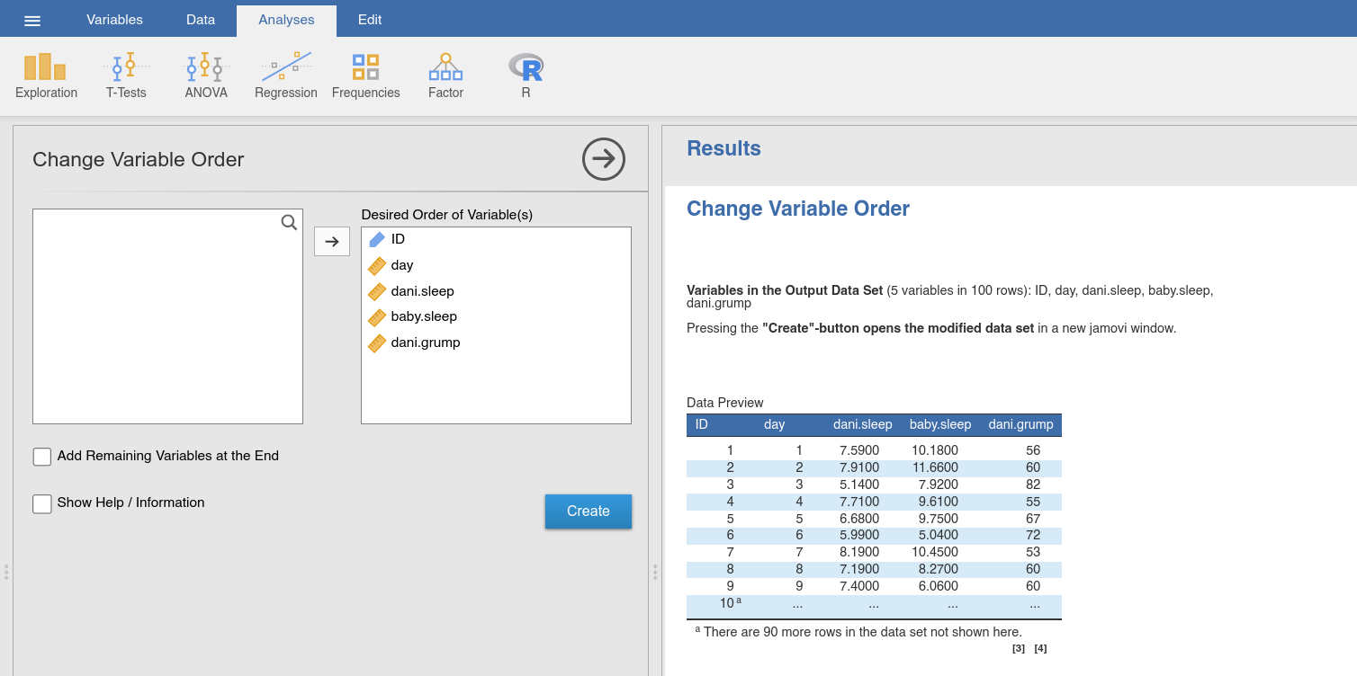 Option and results panels for the ``Change Variable Order``-function from ``jTransform`` using the |parenthood|_ data set