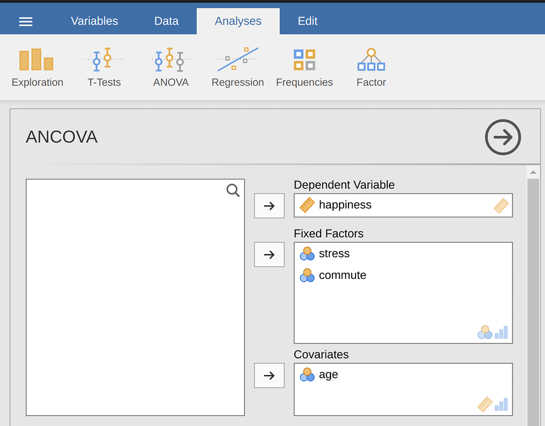 The jamovi ANCOVA options panel