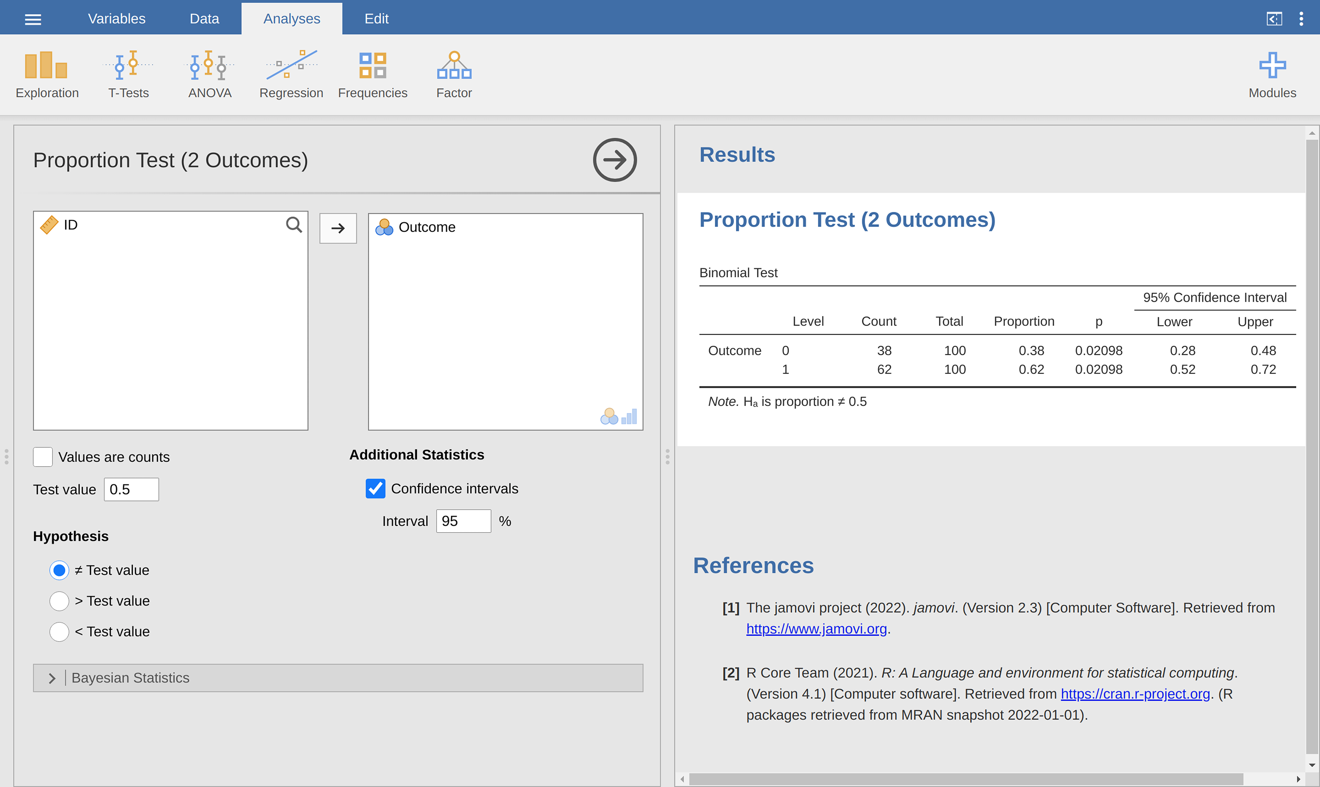 Binomial test analysis and results in jamovi